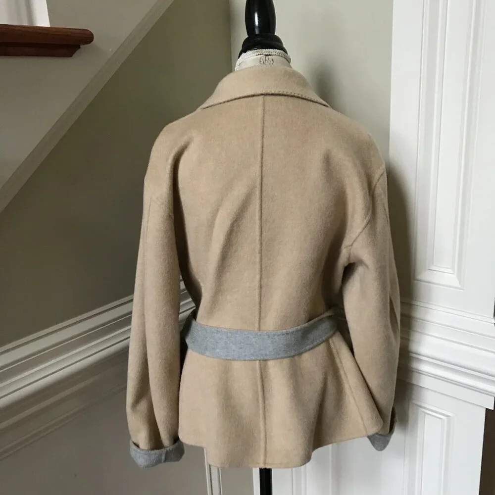Lafayette 148 Wool Cashmere Reversible Jacket Womens Large Gray Tan Belted Coat